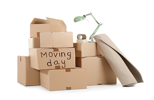 Cardboard boxes and household stuff on white background. Moving day